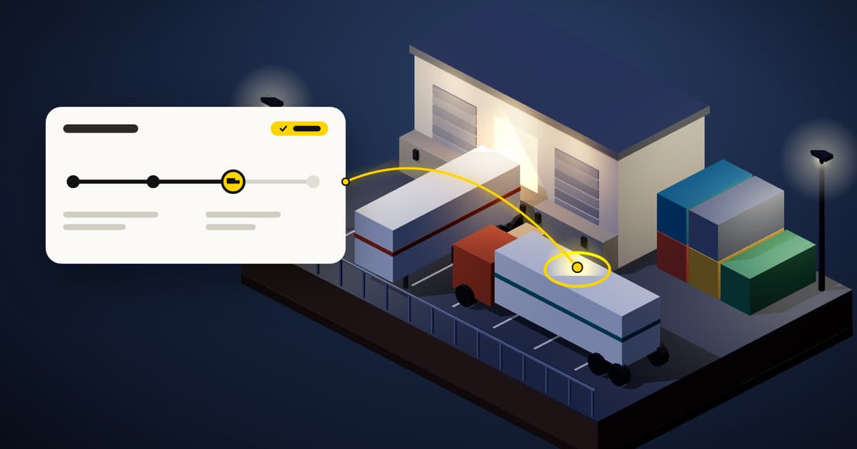 Illustration of a freight yard at night, with a trailer at the dock, a moving truck and its load status card