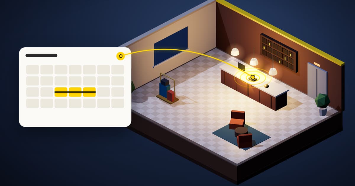 Illustration of a hotel lobby at night, with the front desk phone answered and a booked stay on a calendar card