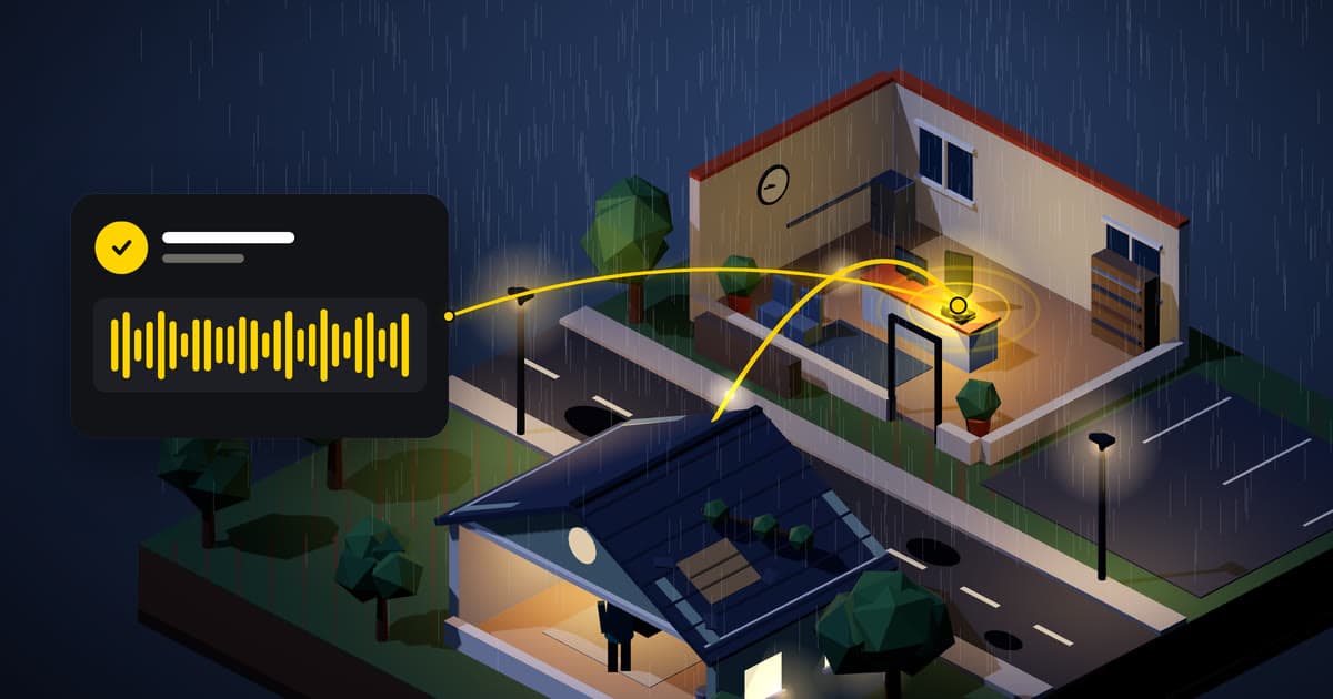 Illustration of a rainy night: a call from a house reaches the phone on an empty office desk, with a voice waveform