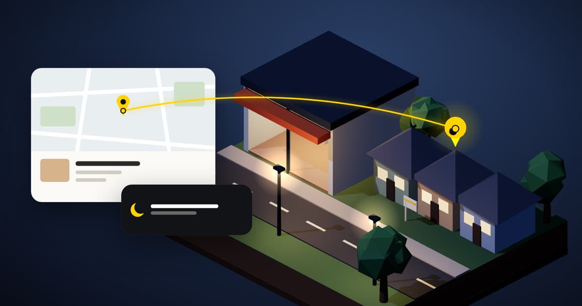 Illustration of a real estate office and three homes at night, with a map card and a pin on one listed home