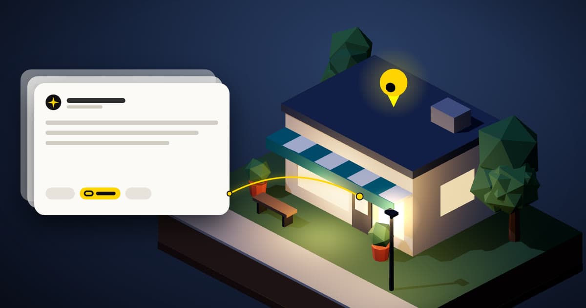 Illustration of a small shop at dusk with a yellow map pin, linked to an AI answer card that cites it as a source