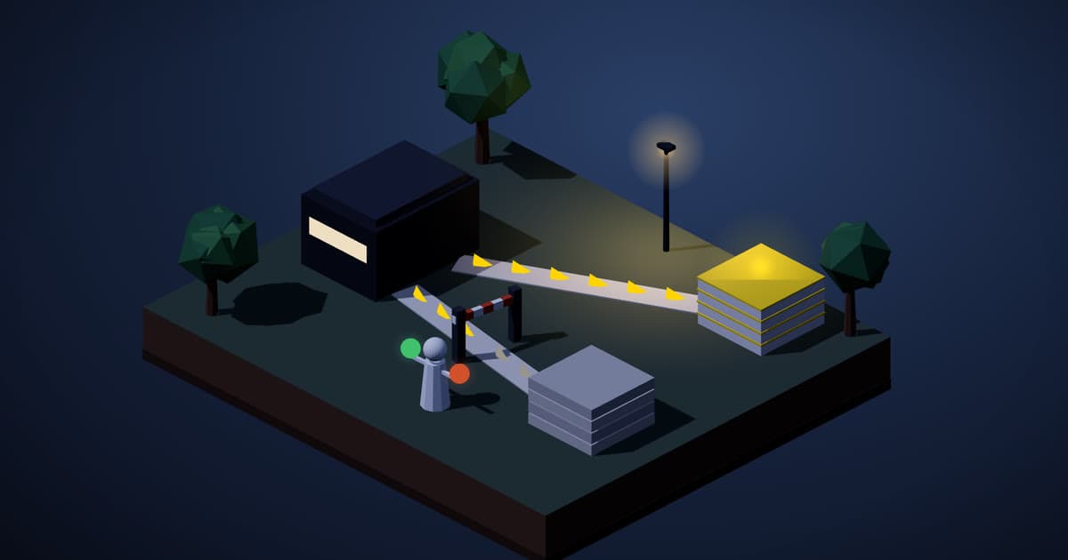 Illustration of two lanes from one machine, one open and one stopped at a gate where a figure holds green and red lamps