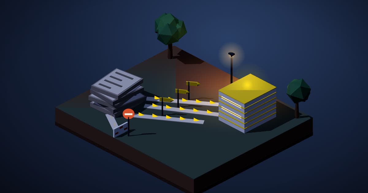 Illustration of an old page stack and a new one, joined by signposted paths, with one path ending at a closed marker